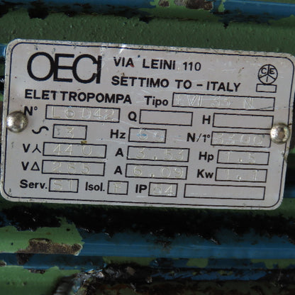 OECI EVI 33 N 1.5Hp 1.1kW 255/440V 3Ph 60Hz Vertical Centrifugal Pump 12" Depth