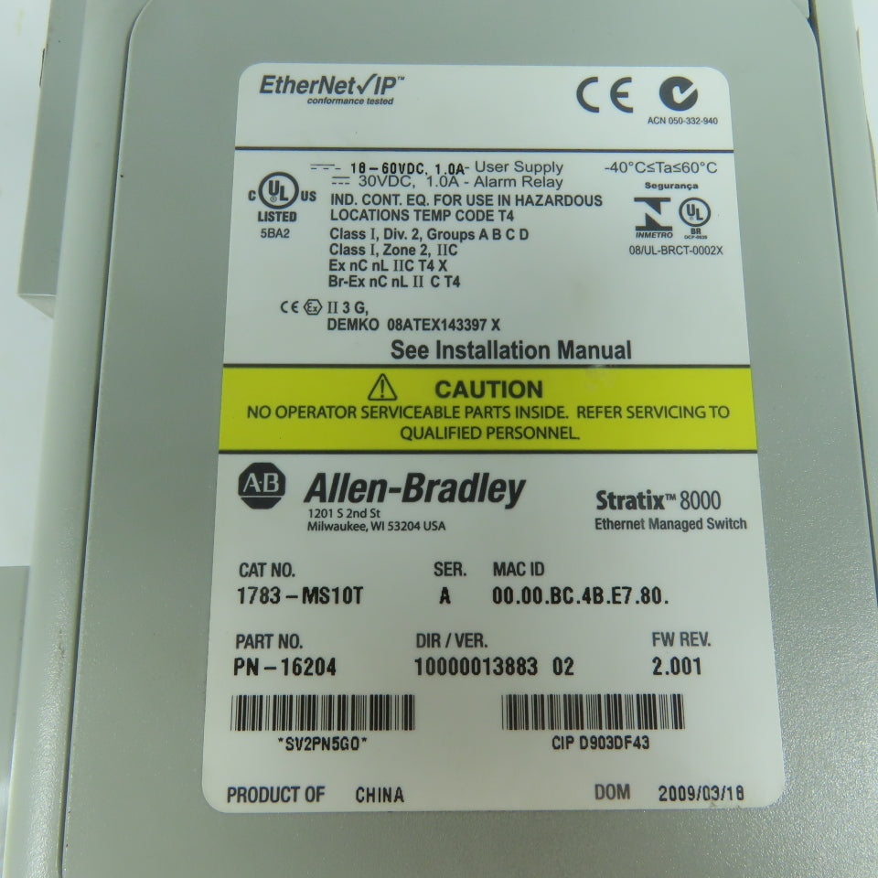 Allen Bradley 1783-MS10T Ser A Stratix 8000 Ethernet Managed Switch FW Rev 2.001