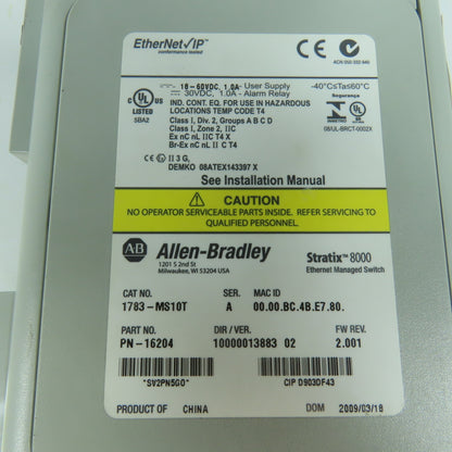 Allen Bradley 1783-MS10T Ser A Stratix 8000 Ethernet Managed Switch FW Rev 2.001