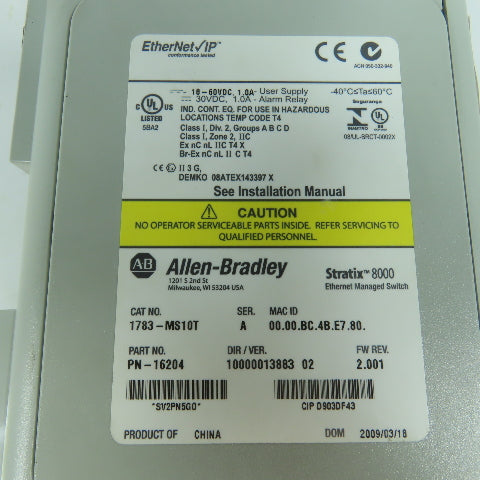 Allen Bradley 1783-MS10T Ser A Stratix 8000 Ethernet Managed Switch FW Rev 2.001