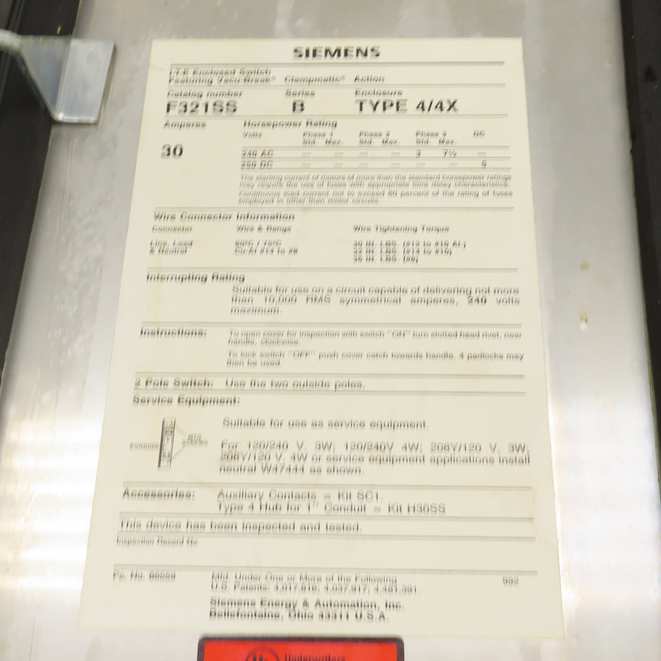 Siemens F321SS 30 Amp Stainless Heavy Duty Fusible Safety Disconnect Switch 240V