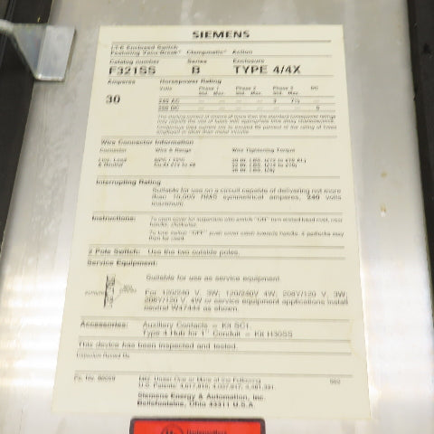 Siemens F321SS 30 Amp Stainless Heavy Duty Fusible Safety Disconnect Switch 240V