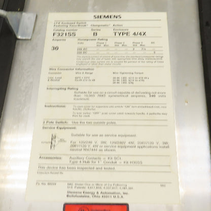 Siemens F321SS 30 Amp Stainless Heavy Duty Fusible Safety Disconnect Switch 240V