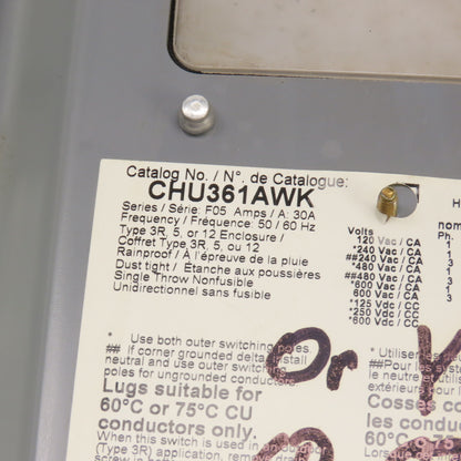 Square D CHU361AWK 30A Heavy Duty Non-Fusible Safety Disconnect Switch 600V