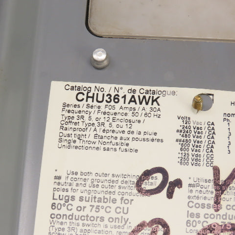 Square D CHU361AWK 30A Heavy Duty Non-Fusible Safety Disconnect Switch 600V