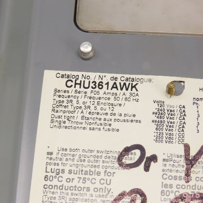 Square D CHU361AWK 30A Heavy Duty Non-Fusible Safety Disconnect Switch 600V