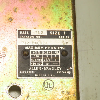 Allen Bradley 712-3ACD24 Nema Size 1 Combination Motor Starter 2-10HP 600V