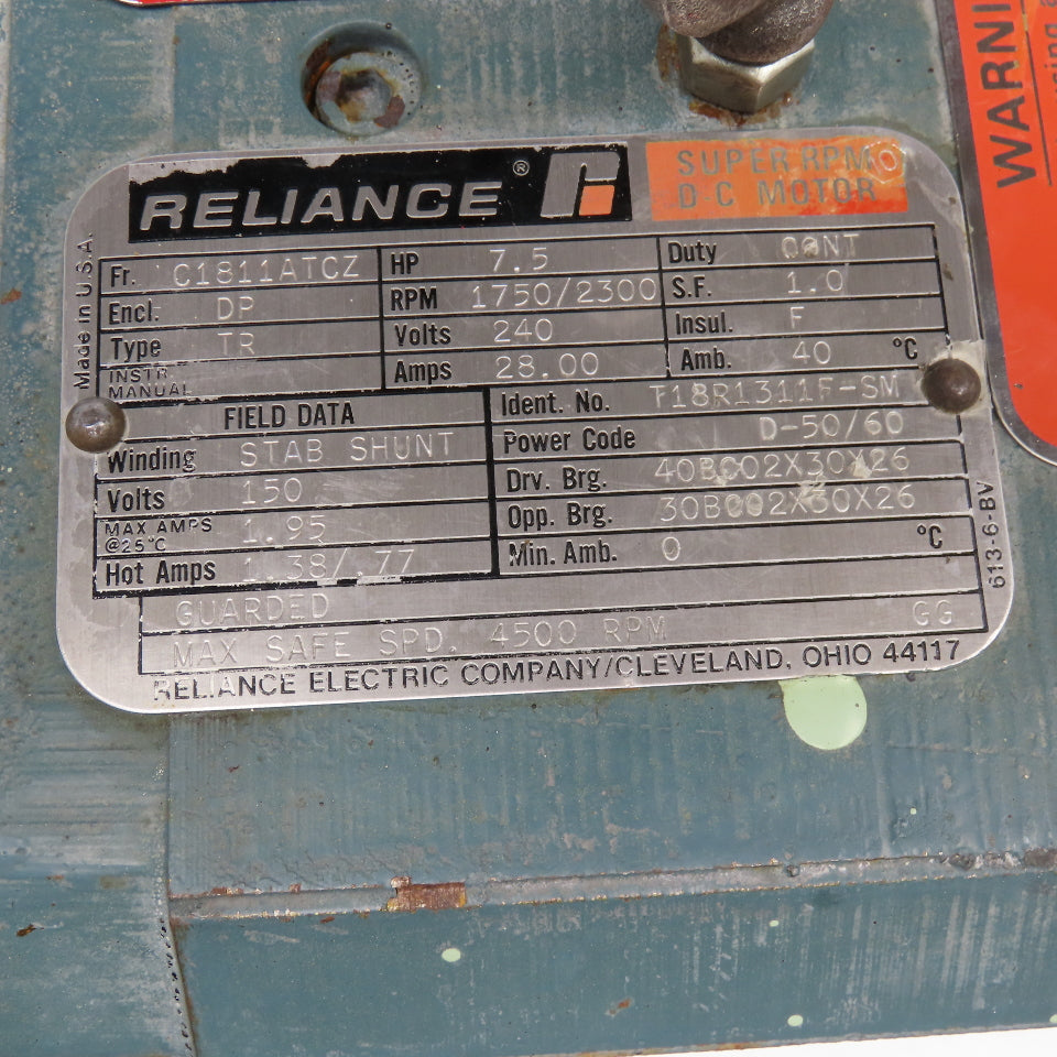 Reliance T18R1311F-SM 7.5Hp 1750/2300RPM 240V DC Motor C1811ATCZ Frame