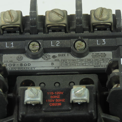 Allen Bradley 509-B0D Ser B Size 1 27A Motor Starter 120V 600V Without Overload