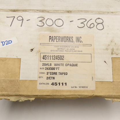 Paperworks Inc. 20#LB White Opaque Roll Paper 24" x 500' Lot Of 2 Rolls
