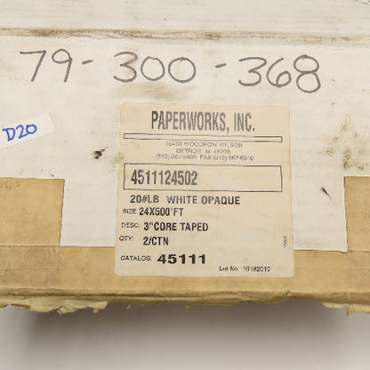 Paperworks Inc. 20#LB White Opaque Roll Paper 24" x 500' Lot Of 2 Rolls