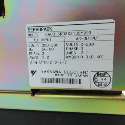 Yaskawa CACR-SR03SZ1SSY223 Servopack Controller 200-230V 3PH