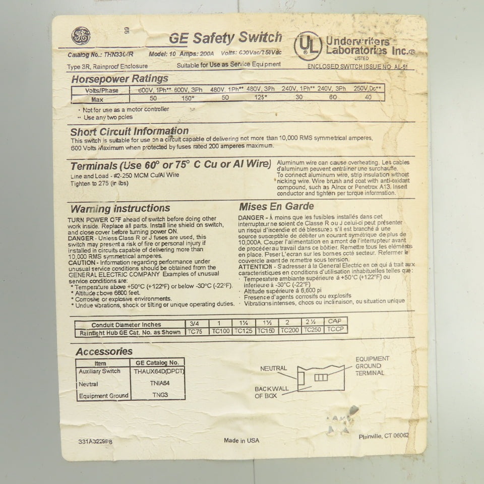 GE THN3364R 200A Heavy Duty Non-Fusible Safety Disconnect Switch 600V AC Type 3R