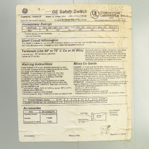 GE THN3364R 200A Heavy Duty Non-Fusible Safety Disconnect Switch 600V AC Type 3R