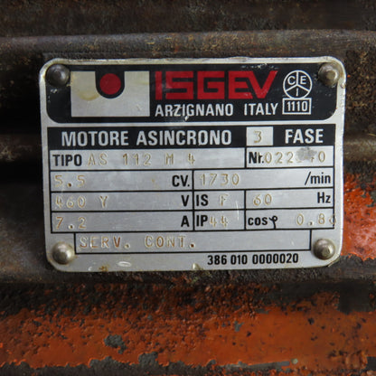 Isgev AS 112 M 4 5.5CV Electric Motor 1730RPM 460V 3PH (Bad Bearings)