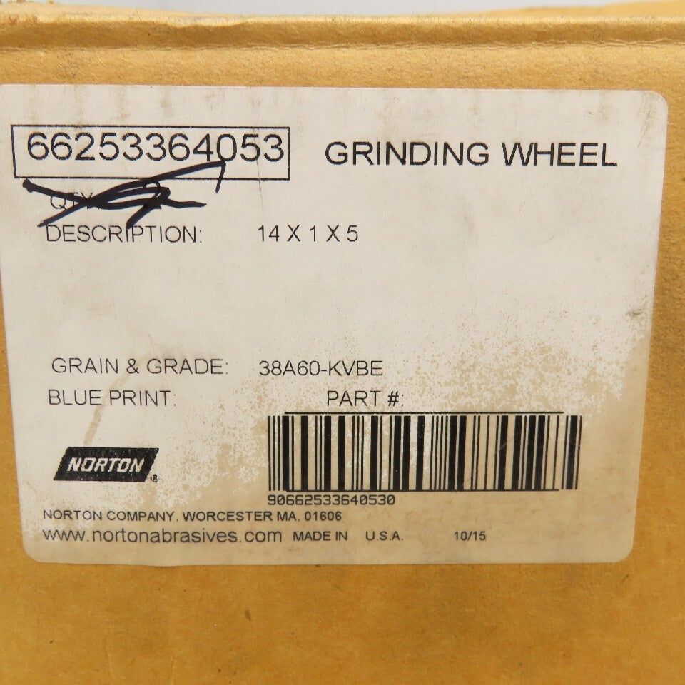 Norton 38A60-KVBE 66253364053 Grinding Wheel 14" x 1" x 5" Arbor 38A 60 Grit