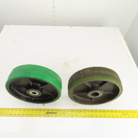 12" x 3" Green Polyurethane Caster On Cast Iron Core (1 Needs Bearing) Lot Of 2