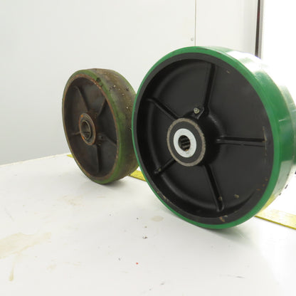 12" x 3" Green Polyurethane Caster On Cast Iron Core (1 Needs Bearing) Lot Of 2