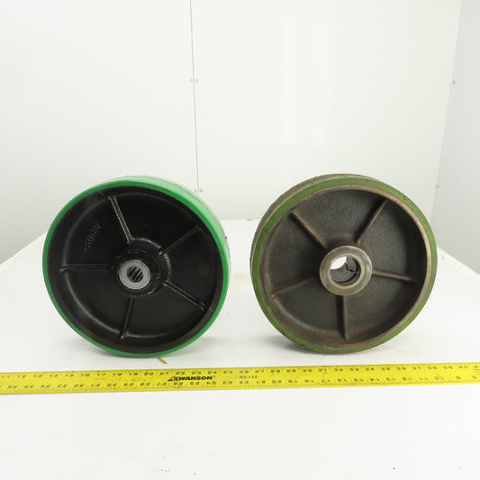 12" x 3" Green Polyurethane Caster On Cast Iron Core (1 Needs Bearing) Lot Of 2