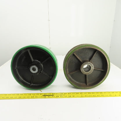 12" x 3" Green Polyurethane Caster On Cast Iron Core (1 Needs Bearing) Lot Of 2