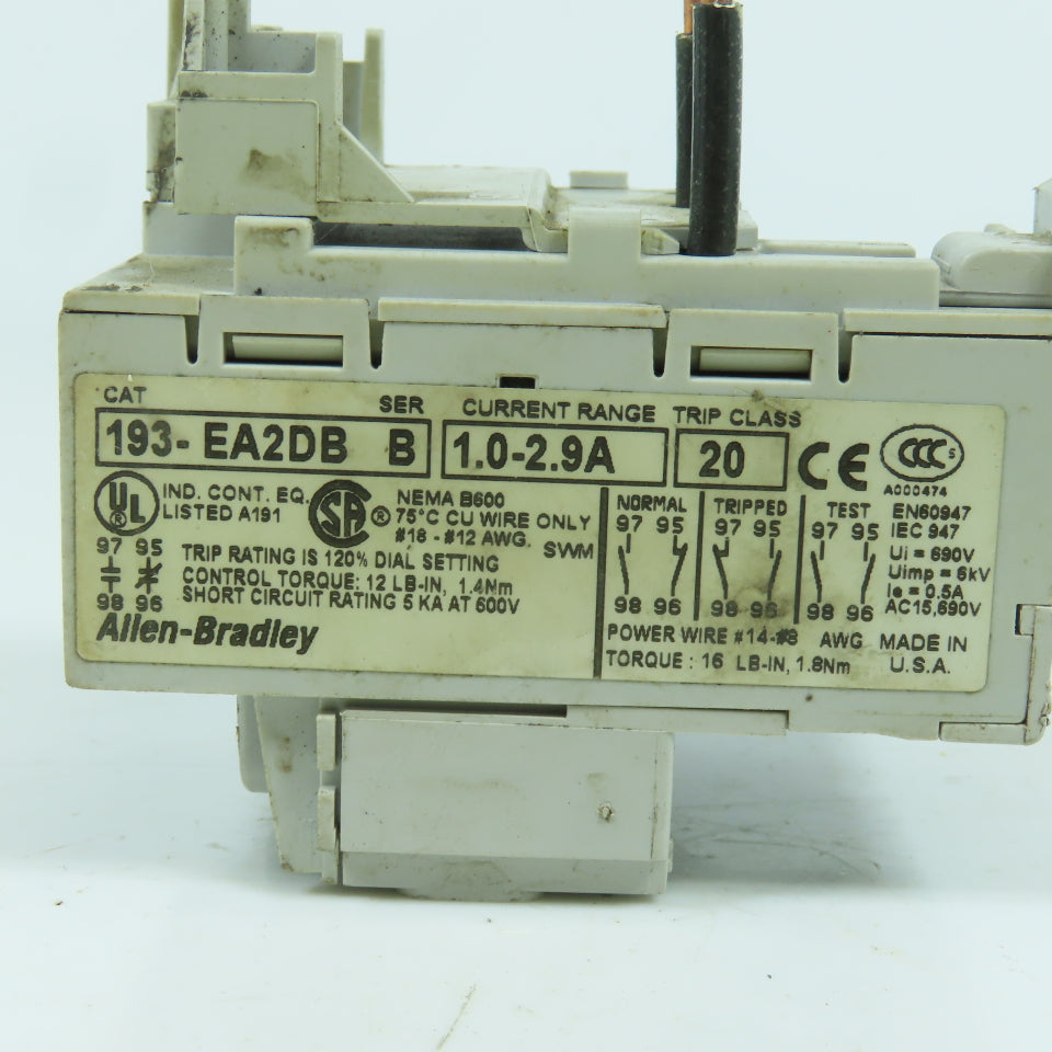 Allen Bradley 193-EA2DB Ser B 1.0-2.9A Overload Relay Trip Class 20