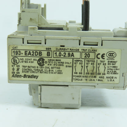 Allen Bradley 193-EA2DB Ser B 1.0-2.9A Overload Relay Trip Class 20