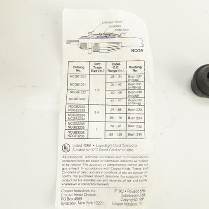 Crouse Hinds NCGE 1/2" Liquidtight Non-Metallic Cable/Cord 90°Deg Fitting Lot/25