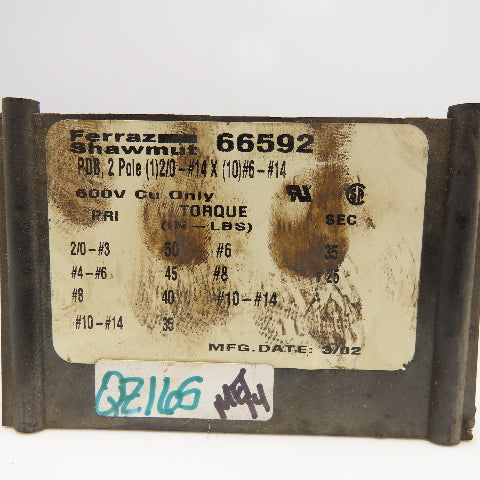 Ferraz Shawmut 66592 PDB 2 Pole 2/0-#14 x 10 Way #6-#14 Power Distribution Block