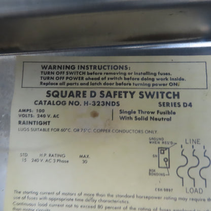 Square D H-323NDS 30A 240V 3P Fusible Stainless Steel Safety Disconnect Switch