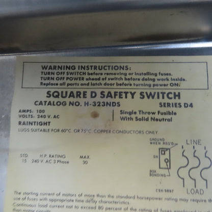 Square D H-323NDS 30A 240V 3P Fusible Stainless Steel Safety Disconnect Switch