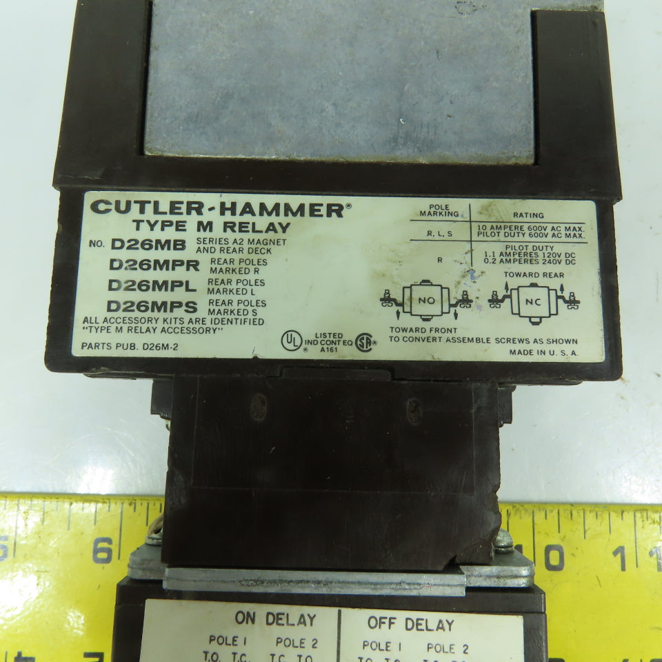 Cutler Hammer D26MB 10A 600VAC Power Relay W/ D26MT Timer Relay 1-180 Second