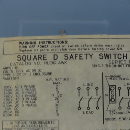 Square D H361AWK 30A 600V AC/DC 3 Pole Non-Fusible Safety Disconnect Switch
