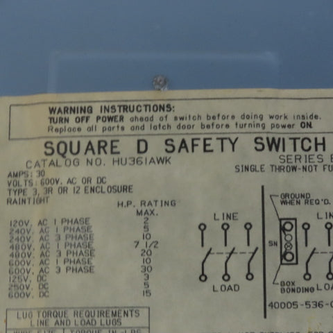 Square D H361AWK 30A 600V AC/DC 3 Pole Non-Fusible Safety Disconnect Switch