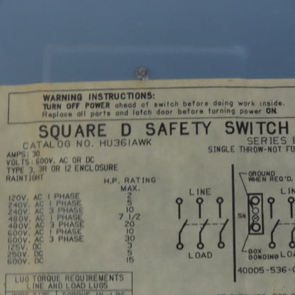Square D H361AWK 30A 600V AC/DC 3 Pole Non-Fusible Safety Disconnect Switch
