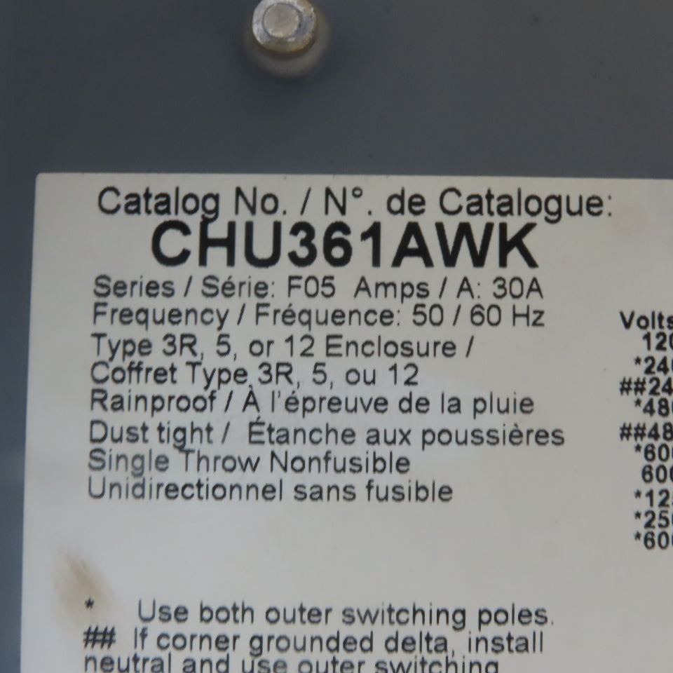 Square D CHU361AWK 30A 600V AC/DC 3 Pole Non-Fusible Safety Disconnect Switch