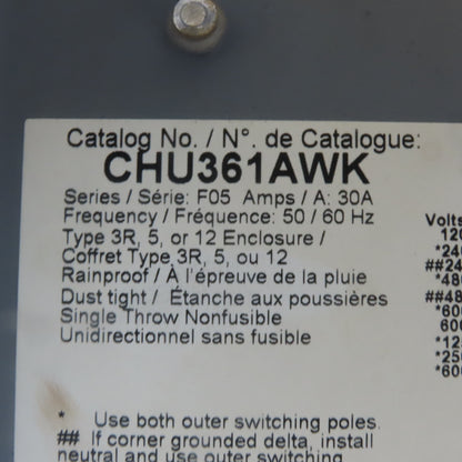 Square D CHU361AWK 30A 600V AC/DC 3 Pole Non-Fusible Safety Disconnect Switch