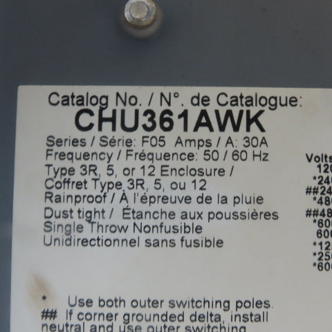 Square D CHU361AWK 30A 600V AC/DC 3 Pole Non-Fusible Safety Disconnect Switch