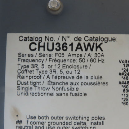 Square D CHU361AWK 30A 600V AC/DC 3 Pole Non-Fusible Safety Disconnect Switch