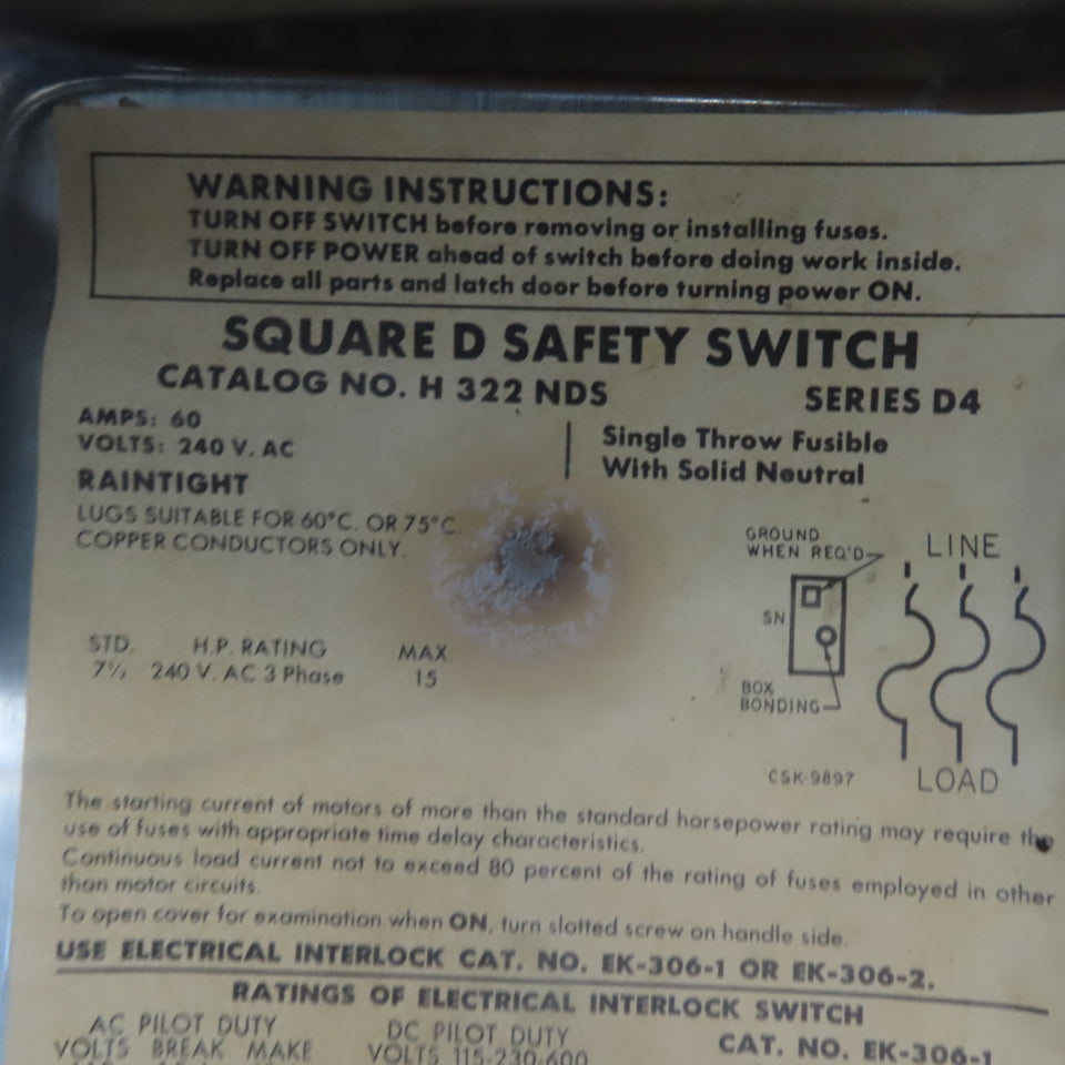 Square D H3122NDS 60A 600V 3P Fusible Stainless Steel Safety Disconnect Switch