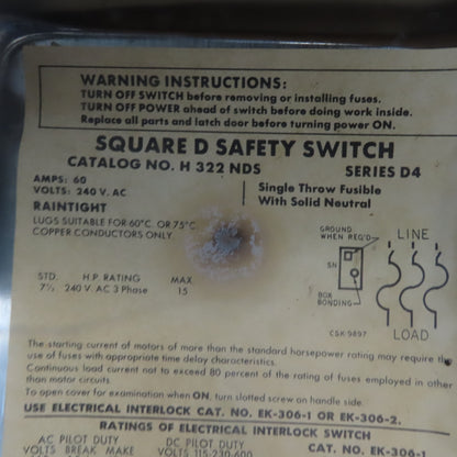 Square D H3122NDS 60A 600V 3P Fusible Stainless Steel Safety Disconnect Switch