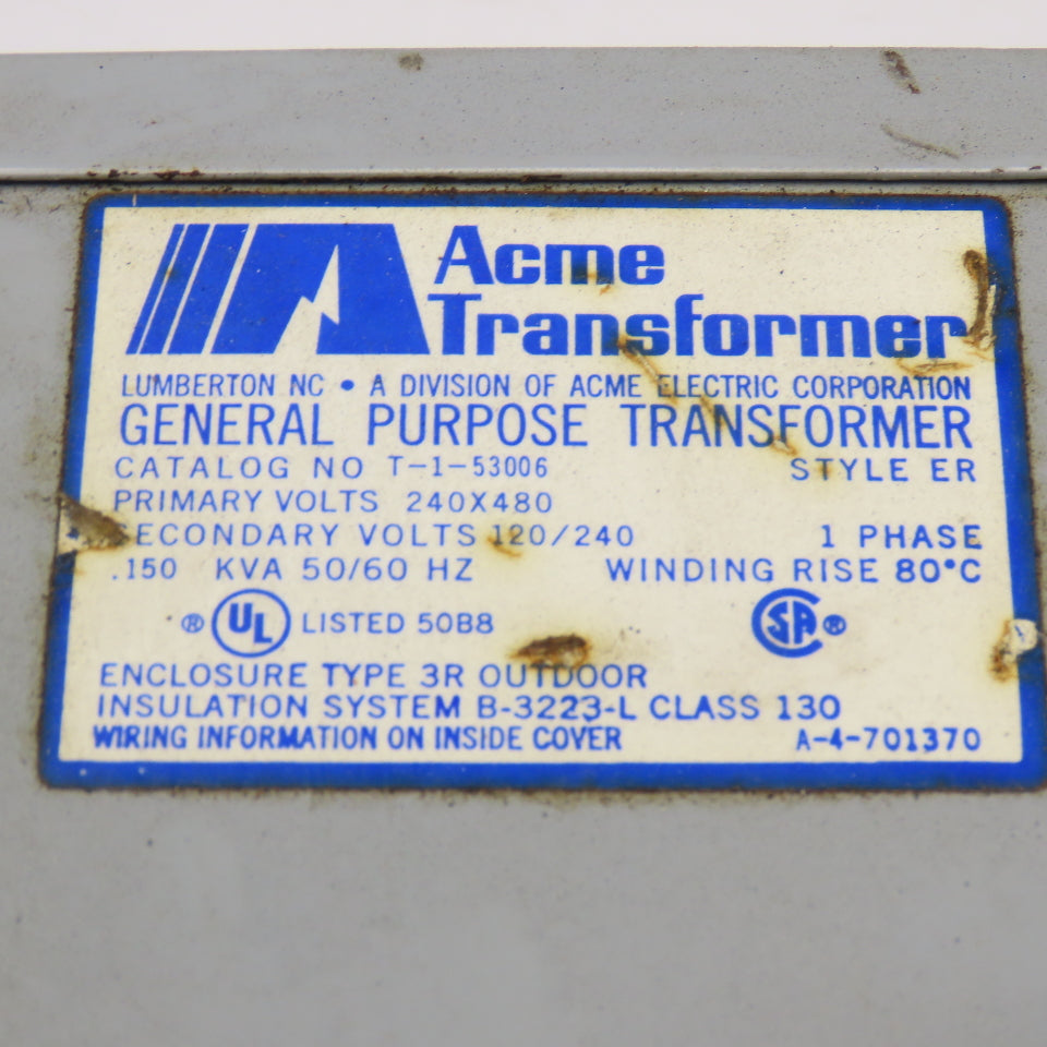 Acme T-1-53006 240x480V Pri 120/240V Sec .150kVa 1Ph Transformer