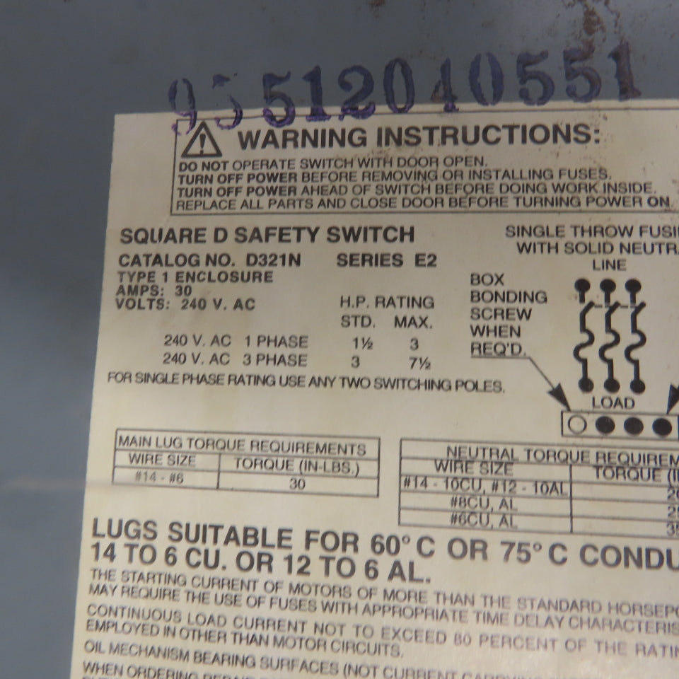 Square D D321N Ser E2 30A 240V 3 Pole Fusible Safety Disconnect Switch