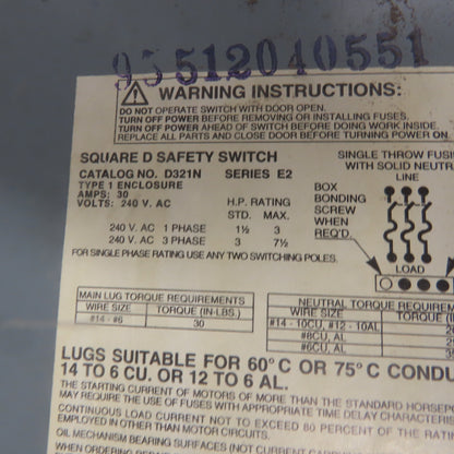 Square D D321N Ser E2 30A 240V 3 Pole Fusible Safety Disconnect Switch
