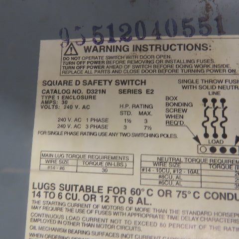Square D D321N Ser E2 30A 240V 3 Pole Fusible Safety Disconnect Switch