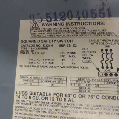 Square D D321N Ser E2 30A 240V 3 Pole Fusible Safety Disconnect Switch