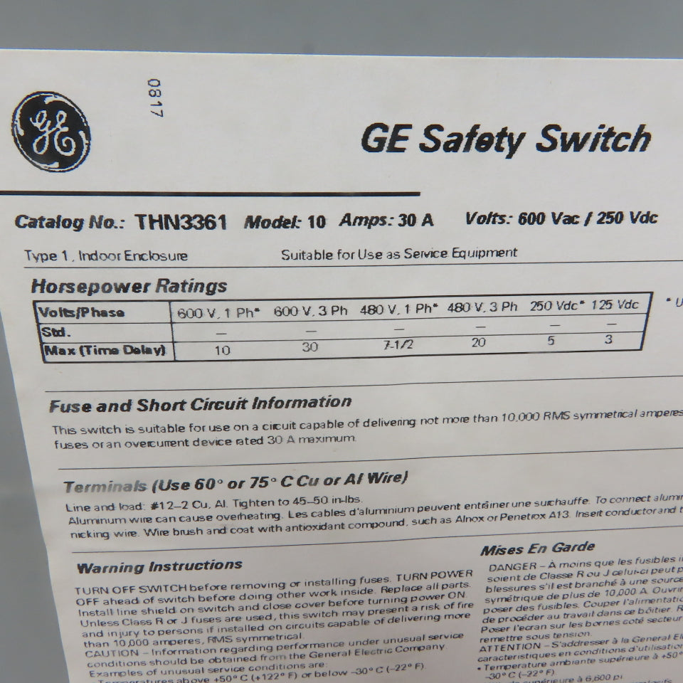 General Electric THN3361 30A 600V 3 Pole Non-Fusible Safety Disconnect Switch