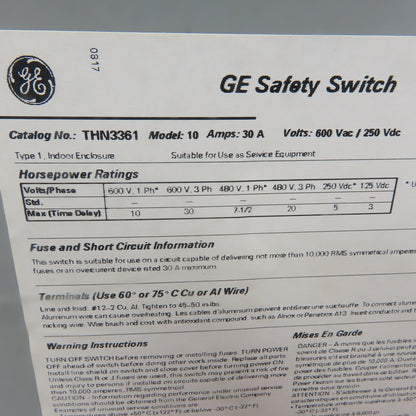 General Electric THN3361 30A 600V 3 Pole Non-Fusible Safety Disconnect Switch
