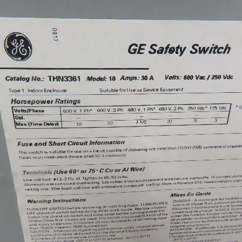General Electric THN3361 30A 600V 3 Pole Non-Fusible Safety Disconnect Switch
