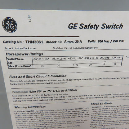 General Electric THN3361 30A 600V 3 Pole Non-Fusible Safety Disconnect Switch