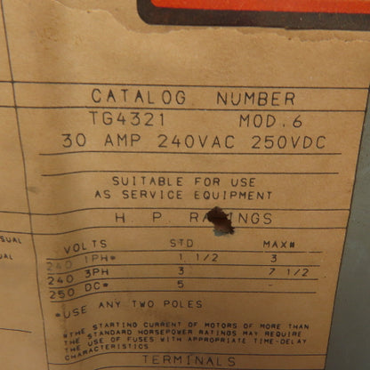 General Electric TG4321 30A 240V 3 Pole Fusible Safety Disconnect Switch